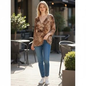 Only Nine Shirt Womens Large Brown Tie Dye Embroidered V Neck Stretch
